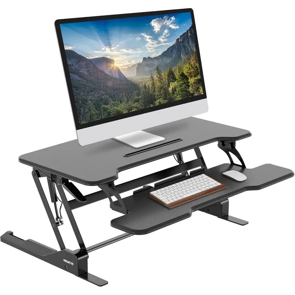 38 Gas Spring Adjustable Standing Desk Converter with Dual Monitor and Keyboard Tray - Black
