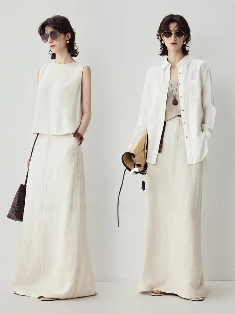 Set in Lino Laoqian Jingsheng per Donna, Gonna Lunga Aderente Senza Maniche, Completo Due Pezzi Alla Moda per Passeggiate Urbane