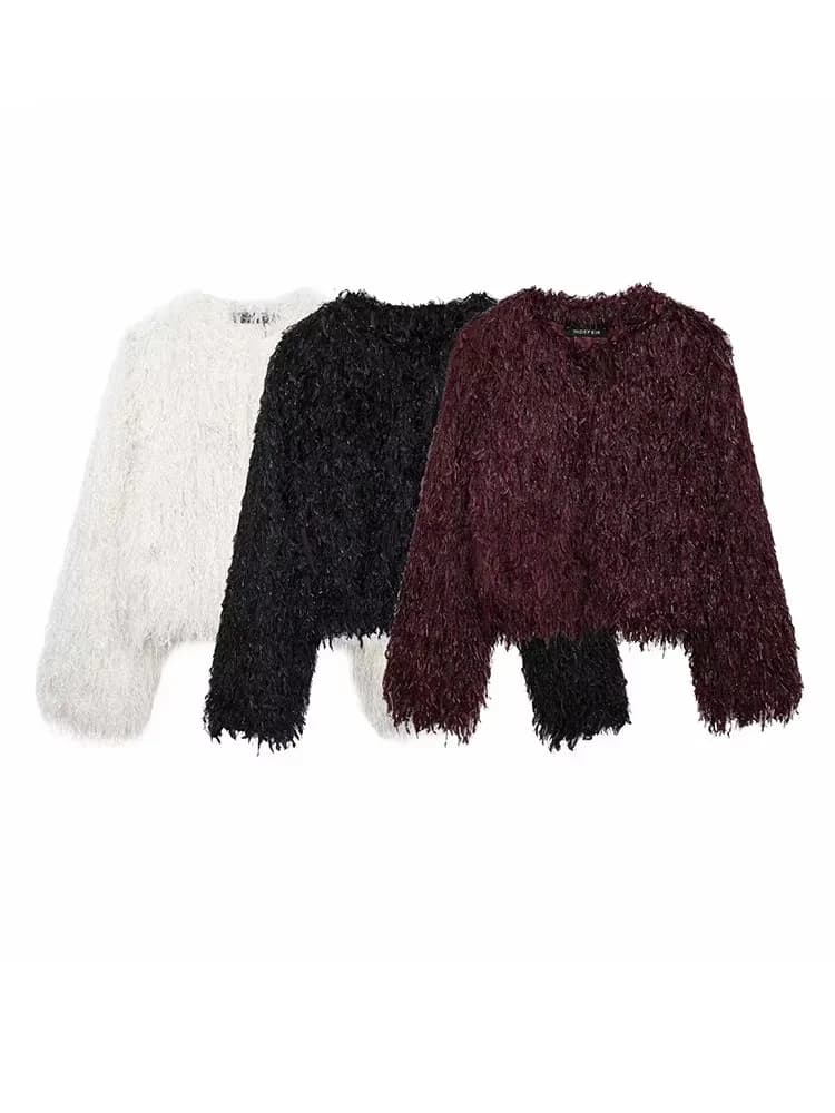 HH Women Elegant Solid Faux Fur Coat O Neck Long Sleeve Fuzzy Jacket 2024 Winter Female Fashion High Street Party Outerwear