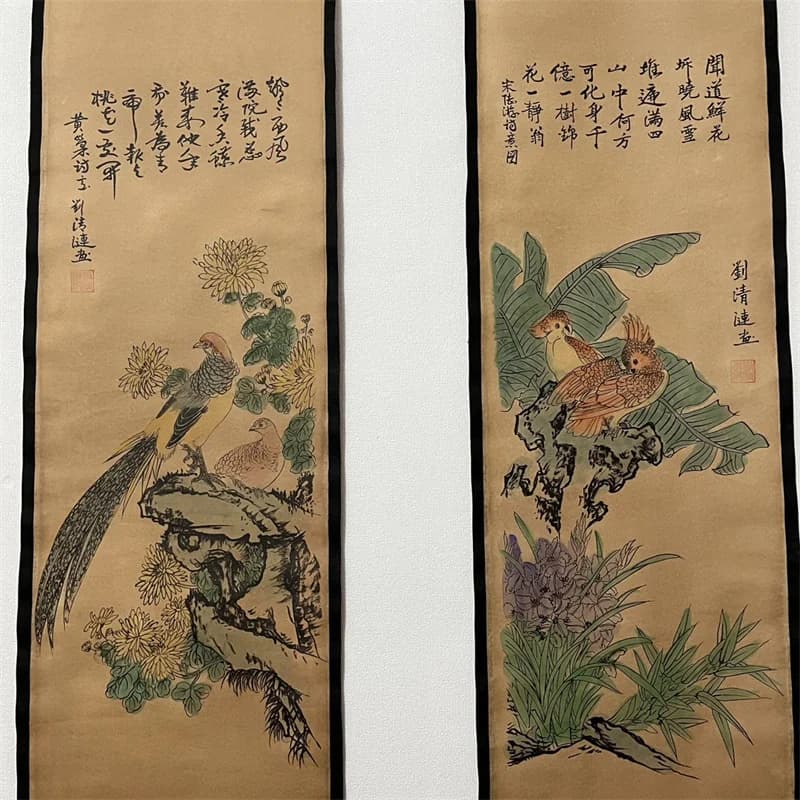 Chinese Ancient Paper Calligraphy & Painting Scrolls Set - Four Pairs of Renowned Murals including flowers and birds