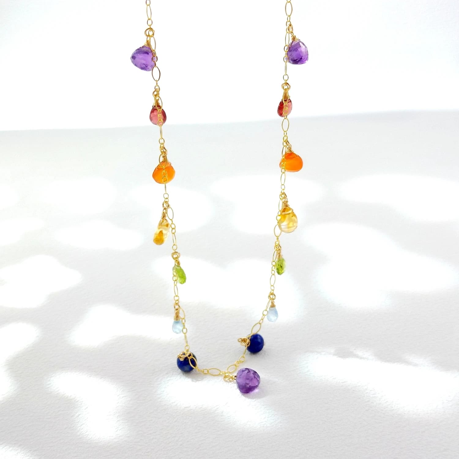 Lii Ji Natural 7 Chakras Gemstone Charms American 14K Gold Filled Chain Necklace For Women Girls 40+3cm