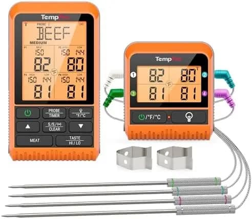 Termometro Wireless per Carne TempPro TP829 - Portata 300m, Termometro Digitale BBQ a 4 Sonde per Grigliate e Affumicatura