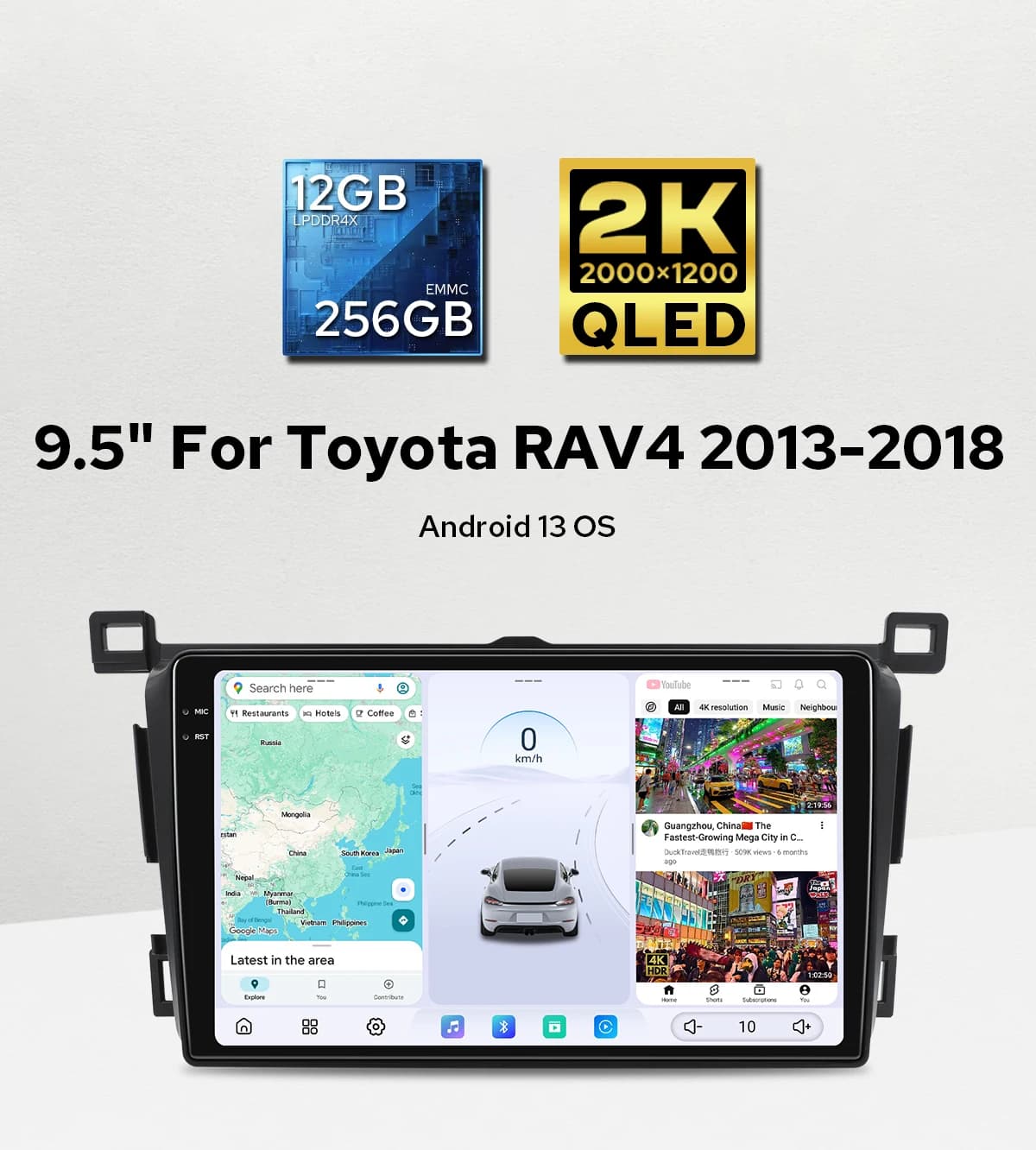 Aggiornamento 2K QLED Lettore multimediale stereo per auto per Toyota RAV4 2013 2014 2015 2016 2017 2018 12GB RAM 256GB ROM Plug & Play