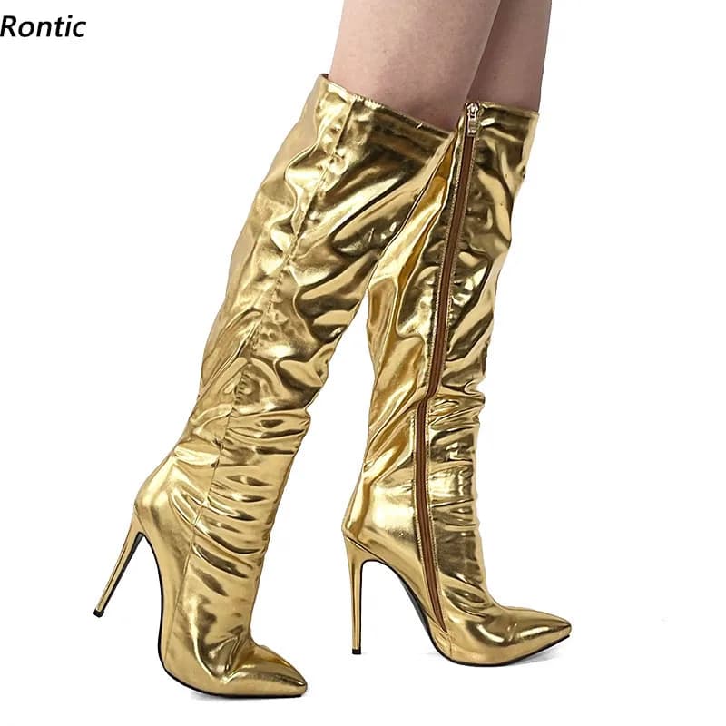 Rontic Handwork Women Winter Knee Boots Side Zipper Thin Heels Pointed Toe Beautiful Gold Cosplay Shoes Ladies Size 35-47