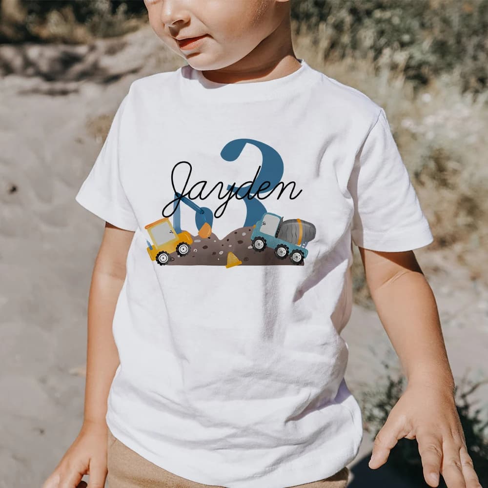 Summer Children Birthday Shirt Personalized Birthday Child Boy Girl Excavator Wheel Loader Construction Birthday Tops with Name