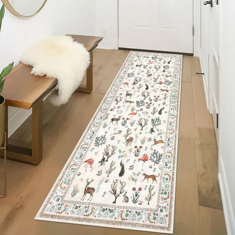 Forest Animal Pattern Runner Rug Boho Nature Theme Home Decor Carpet Soft Non-Slip Floormat for Hallway Bedside Living Room