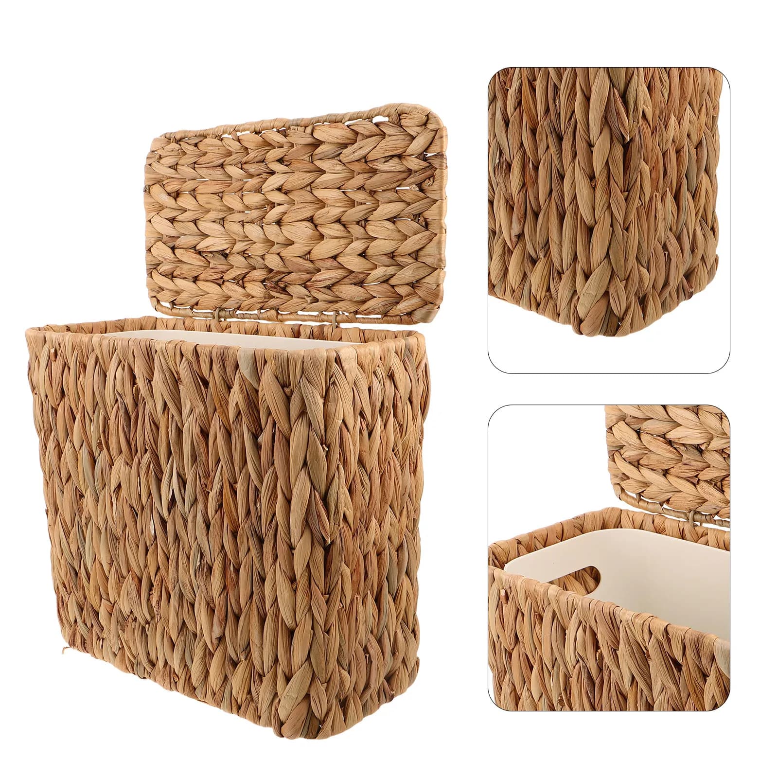 Cestino Decorativo in Rattan Intrecciato a Mano con Coperchio, Contenitore per Rifiuti per Bagno, Cucina, Ufficio, in Giunco Marino con Coperchio