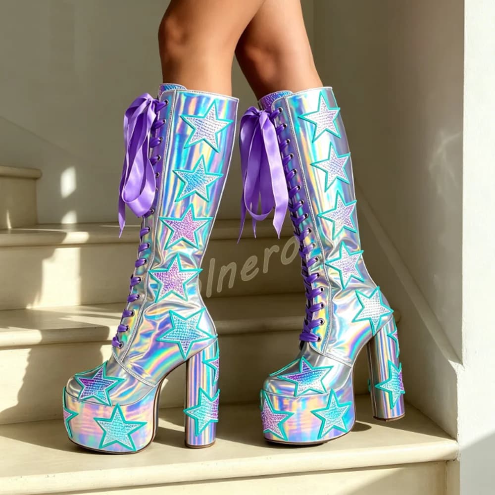 Holographic Women Knee High Boots Platform Star Patch Satin Ribbon Lace Up Back Zipper Shoes Chunky Block Heel Winter Boots