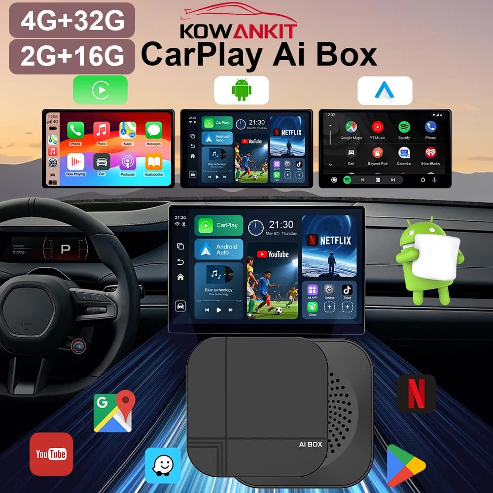 2026 Kowankit 4+32G Wireless CarPlay Smart Ai Box Plug & Play Adattatore Android Auto 3 in 1 Box TV per Auto per YouTube Netflix