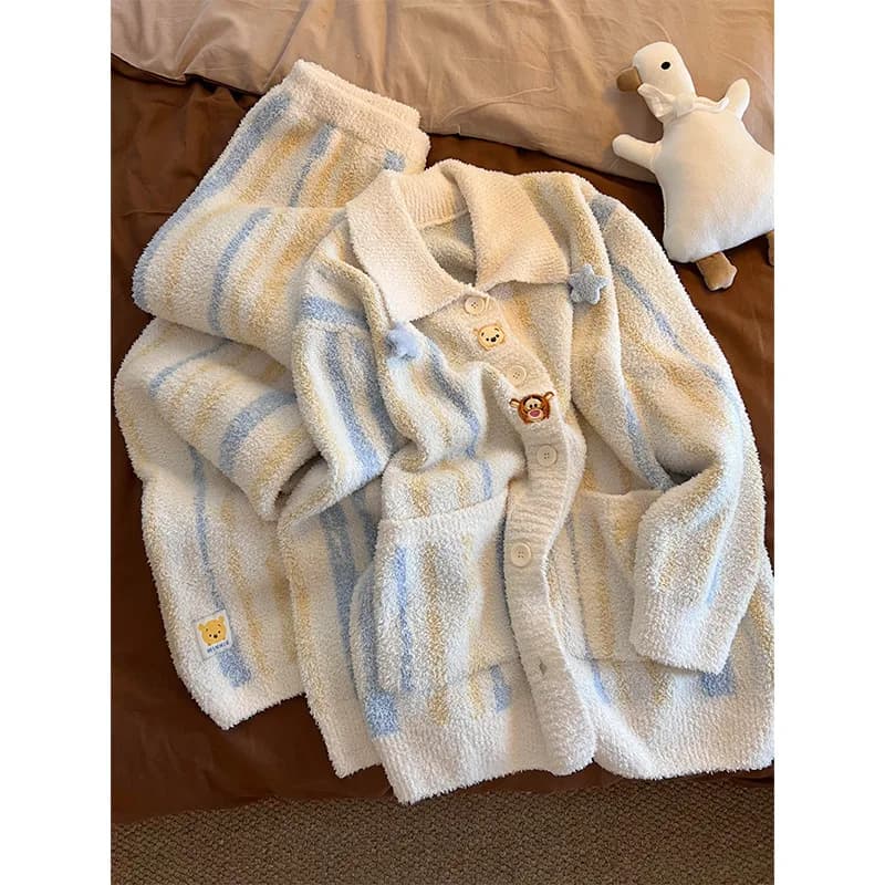 Cute Bear Star Pigiama Set Donna 2026 Inverno Spessore Caldo Pile Degli Indumenti Da Notte Morbido Peluche Cardigan A Righe Salotto di Usura Vestiti Per La Casa