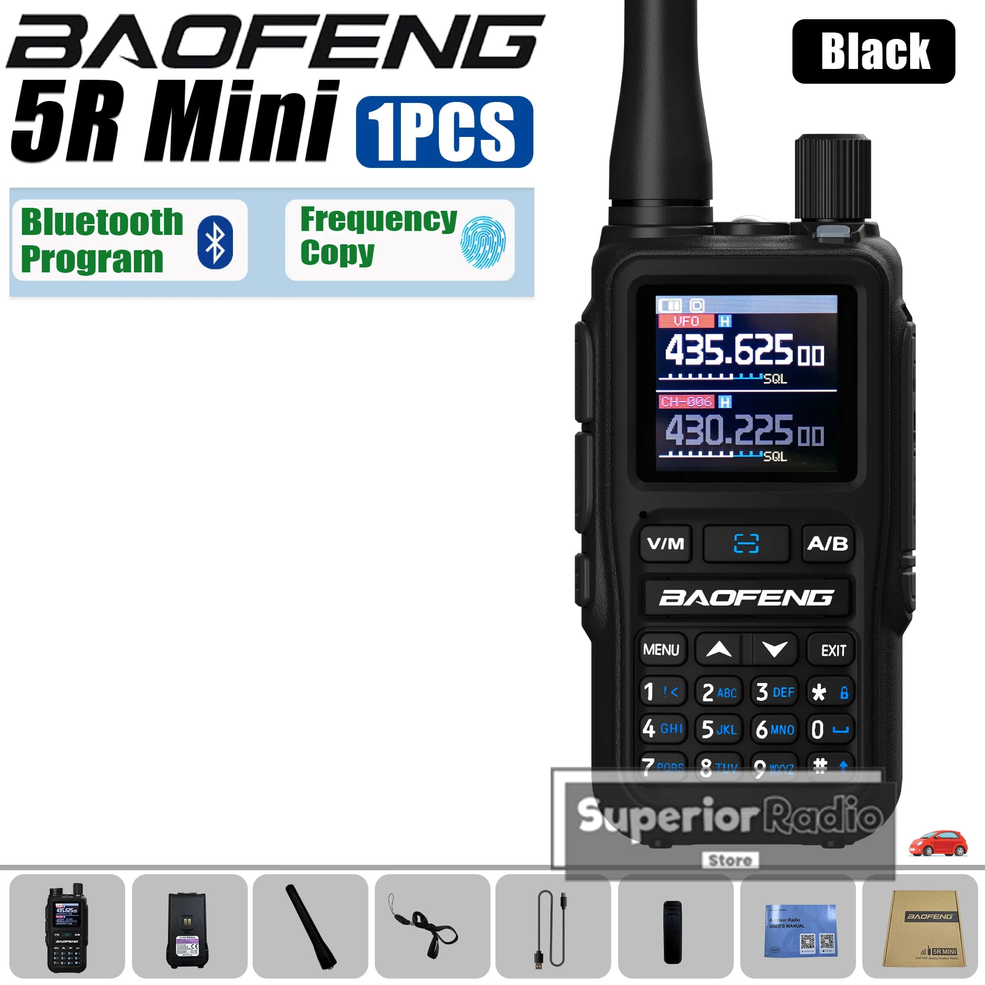 Baofeng UV-5R Mini Walkie Talkie Colore nero Programmazione Bluetooth Multi Band Frequenza di copia veloce Doppio PTT Tipo-C 999 canali