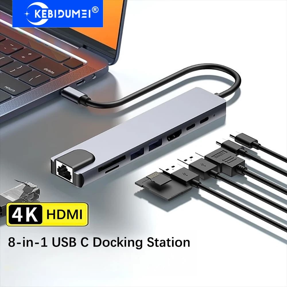KEBIDUMEI Hub USB 3.0 8-in-1, Docking Station USB C, Trasmissione 5Gbps, Hub USB C TYPE-C a HDMI/RJ45/PD/USB, Splitter USB