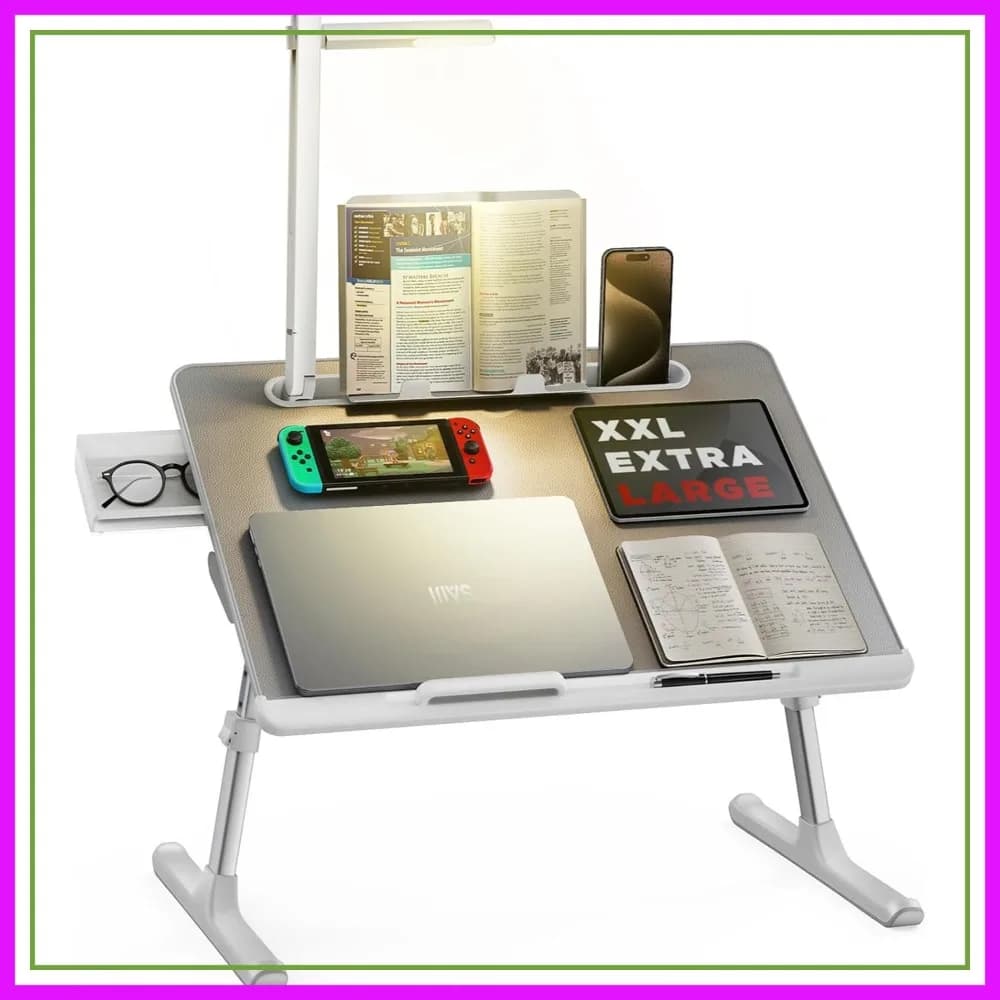 Tavolino da Letto per Laptop con Lampada LED, Supporto Regolabile per Laptop, Tavolo Pieghevole XX-Large con Supporto per Libri, Poggiapolsi, Spazio Extra per Divano e Pavimento