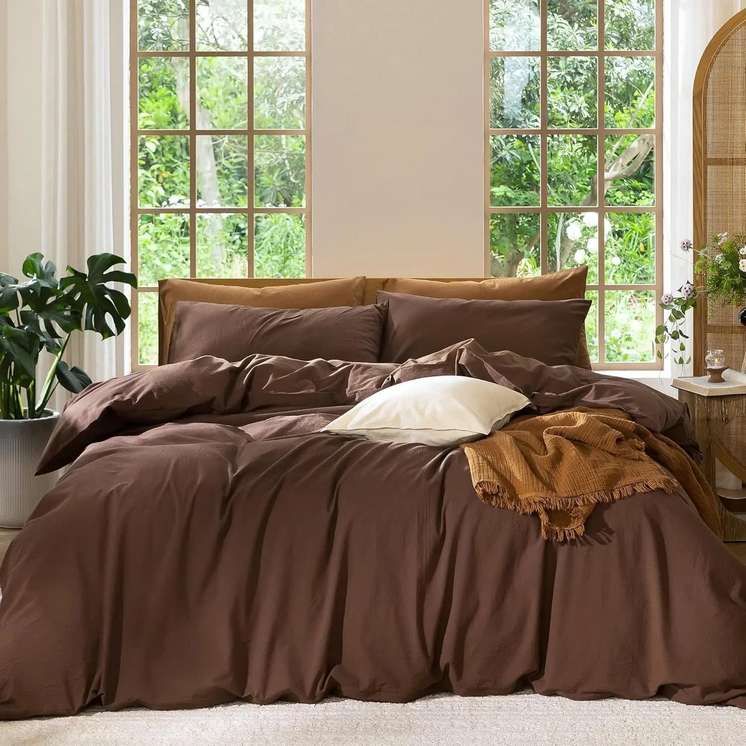Queen Duvet Cover Set 100% Washed Cotton Linen Like Texture Breathable Soft Comfy with Pillowcases Cocoa Brown