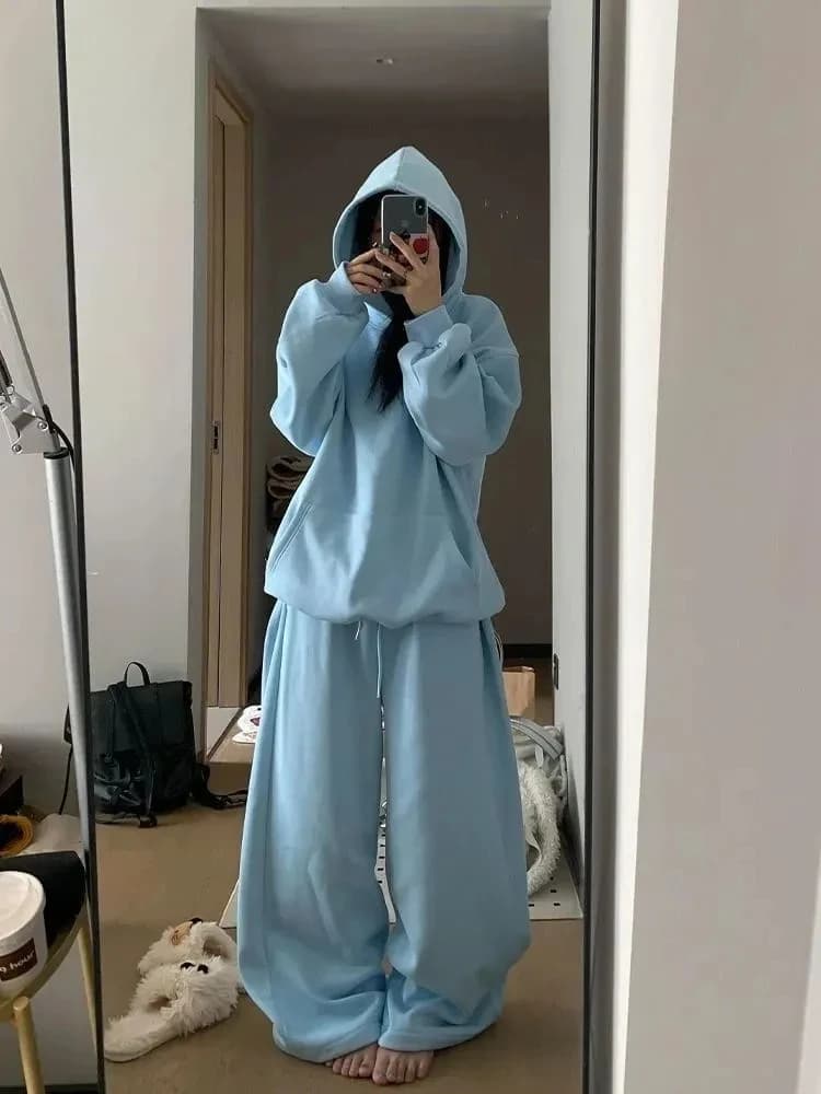 plus Size Korean Style Casual Sports Set Women's Autumn Winter Thickened Hoodie Wide Leg Pants Two Piece Set Fashionable Comf...