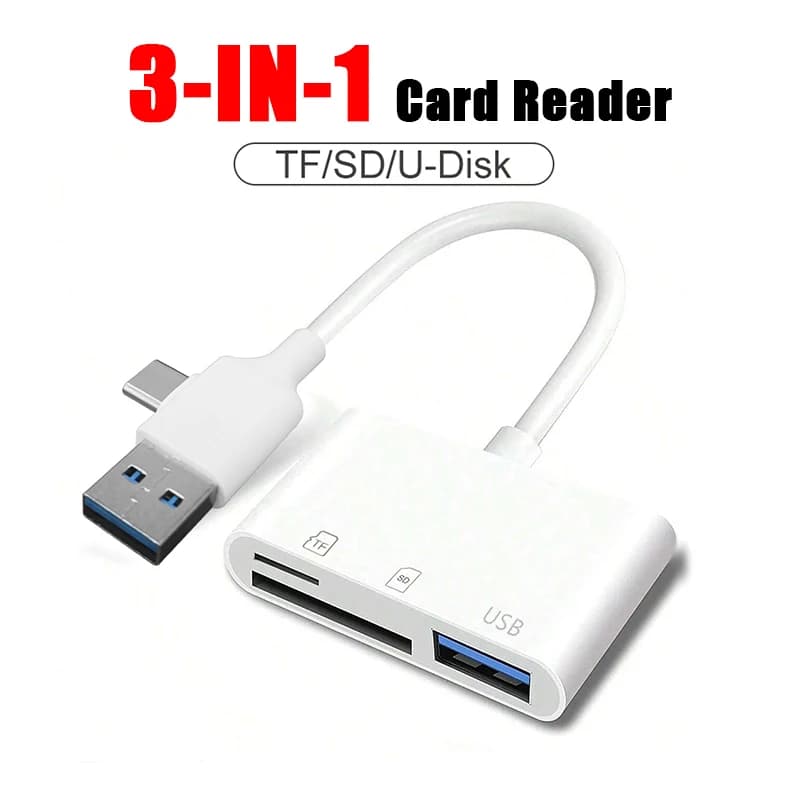 Lettore di schede OTG 3 in 1 Adattatore USB A/C a SD/TF/USB per iPhone 16/15, PC portatile Samsung Xiaomi Trasferimento dati ad alta velocità