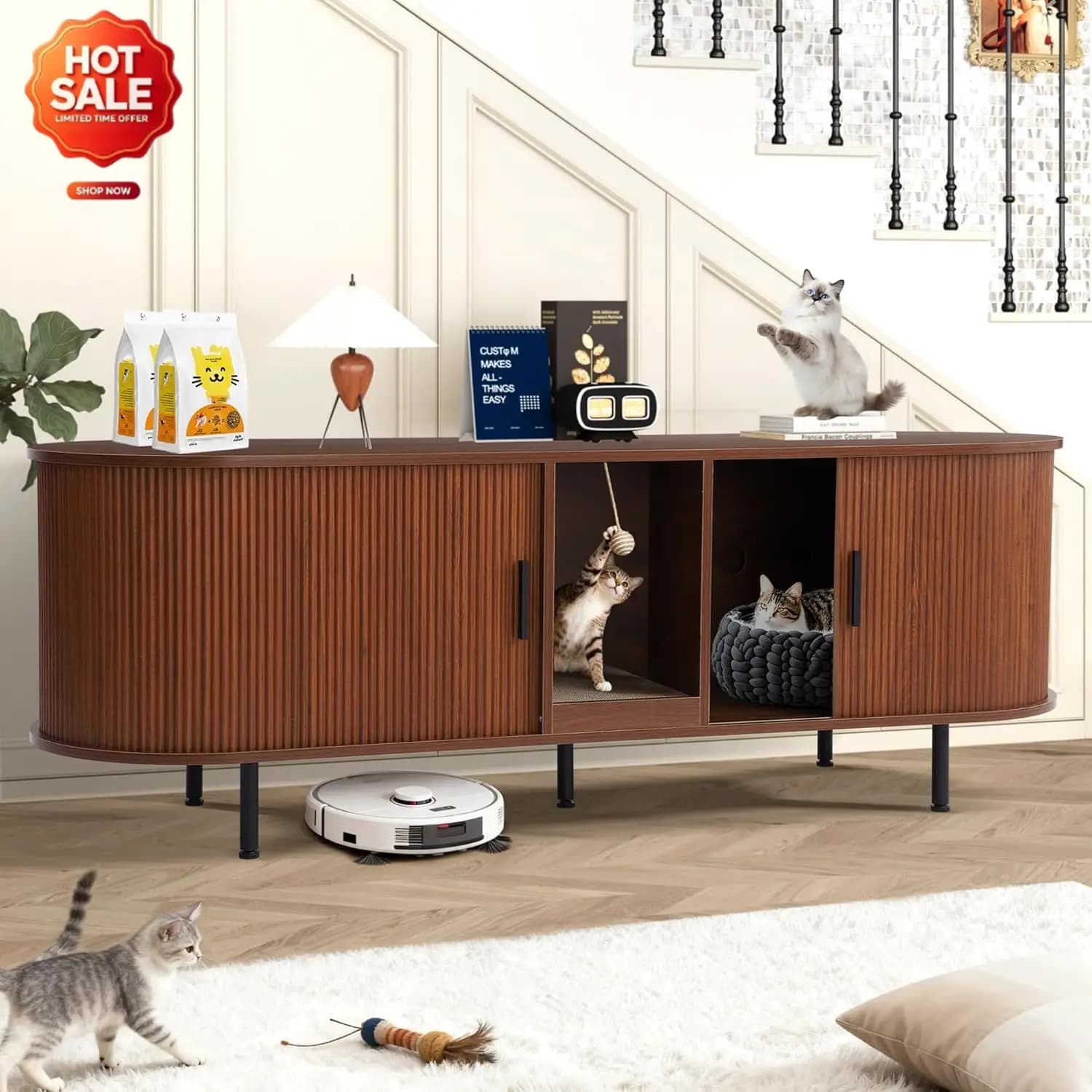 Double Cat Litter Box Enclosure, 63" Fluted Hidden Litter Box Furniture for 2 Cats, Wooden Large Litterbox Cabinet with Scratch