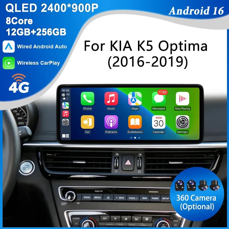 for KIA K5 Optima 2016-2019 12.3" Android 16 Multimedia Player QLED Touch Screen GPS BT 4G Wifi DSP CarPlay Android Auto Split