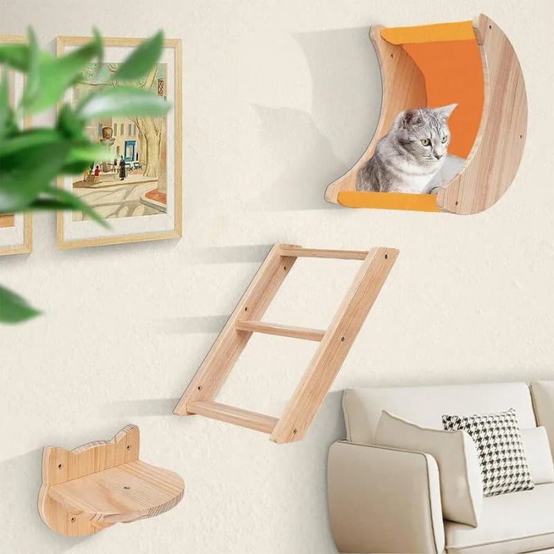 Set di 3 Pezzi per Gatti da Parete (Amaca a Forma di Luna + Scala in Legno + Gradino per Gatti)