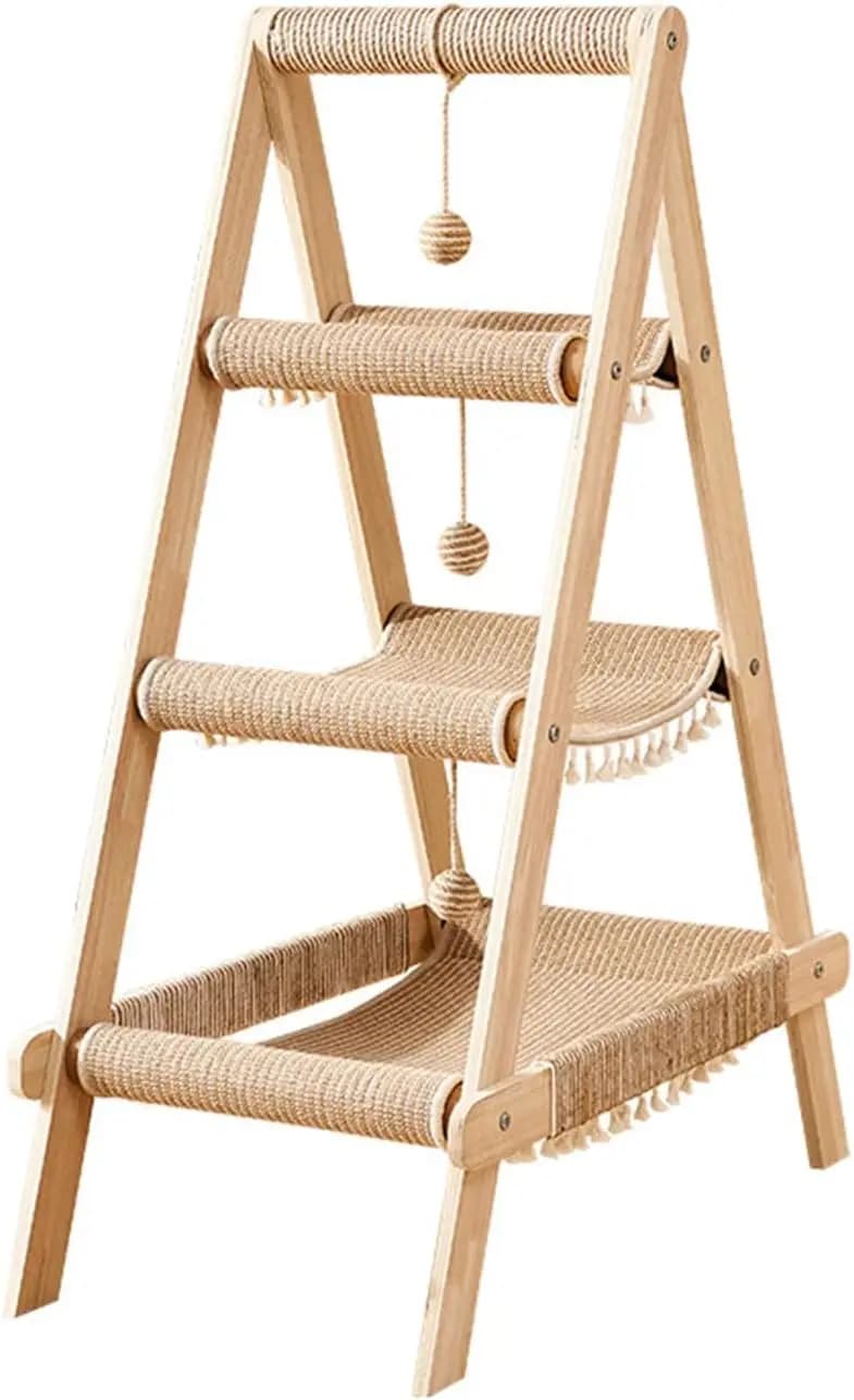 Torre per Gatti a 3 Livelli in Legno Moderno a Forma di A con Letto Multilivello, Amaca e Tiragraffi per Gatti Grandi, da Appendere