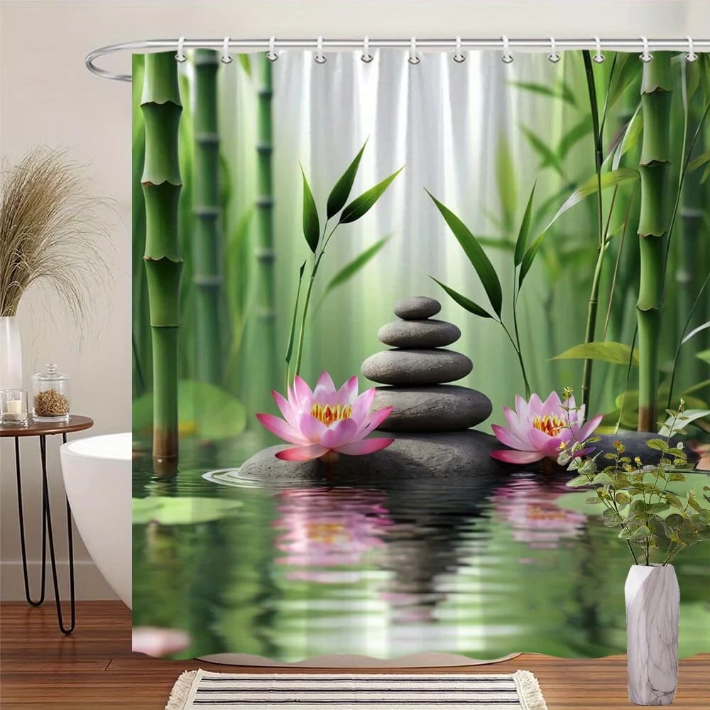 Migliora il tuo bagno con questa tenda da doccia impermeabile con pietre Zen e fiori di loto per un'atmosfera calma