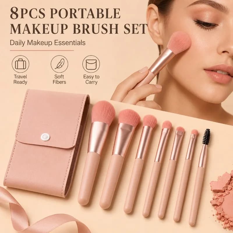 8Pcs Travel Makeup Brush Set Soft Bristles Face Powder Foundation Concealer Eyeshadow Lip Brow Lash Beauty Tool Kit for Women