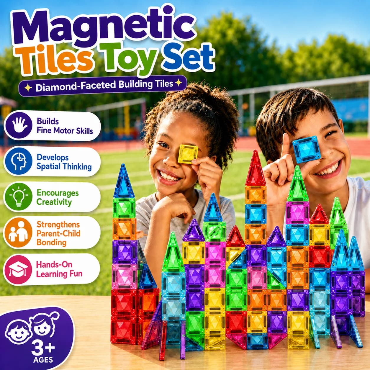 Magnetic Tiles Diamond‑Cut Surface Building Blocks STEM Magnet Construction STEM Montessori Sensory Magnet Toys for Kid Boy Girl