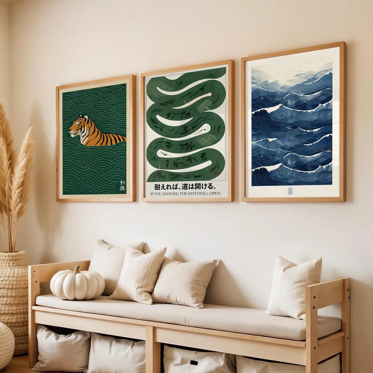 Set di 3 Poster su Tela Giapponese Senza Cornice, Tema Onde e Tigre Zen, Stile Wabi Sabi Japandi per Arredamento Soggiorno e Camera da Letto