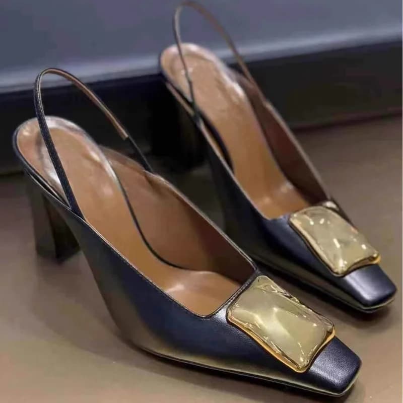 Sandali con tacco medio con fibbia in metallo Cinghie posteriori eleganti Tacchi alti Fibbia stile francese Scarpe da donna Sandali Banchetto per feste Scarpe da donna