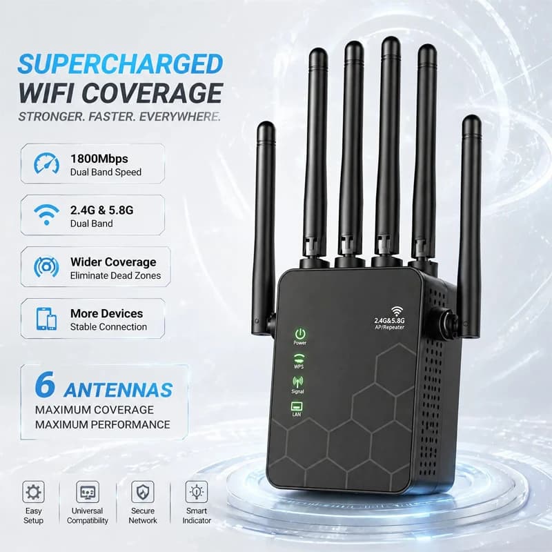 WiFi 6 Signal Booster Repeater With 6 Antennas Compact Portable WiFi Amplifier For Smart Routers Wide Coverage Wall Penetration