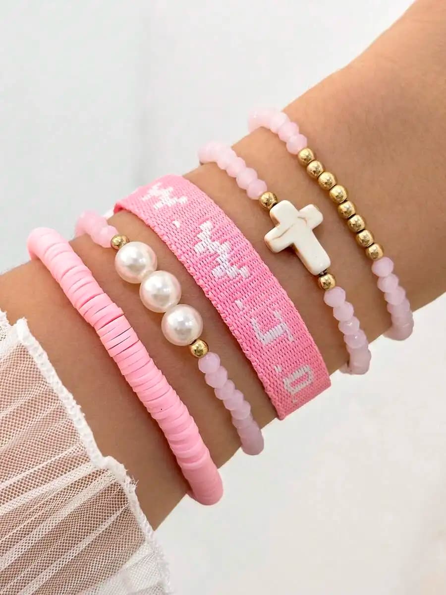 5pcs/Set Fashion WWJD Knit Wristband Bracelet & Cross Faux Pearl Beaded Bracelets Set With Card, Inspirational Christian Gifts F