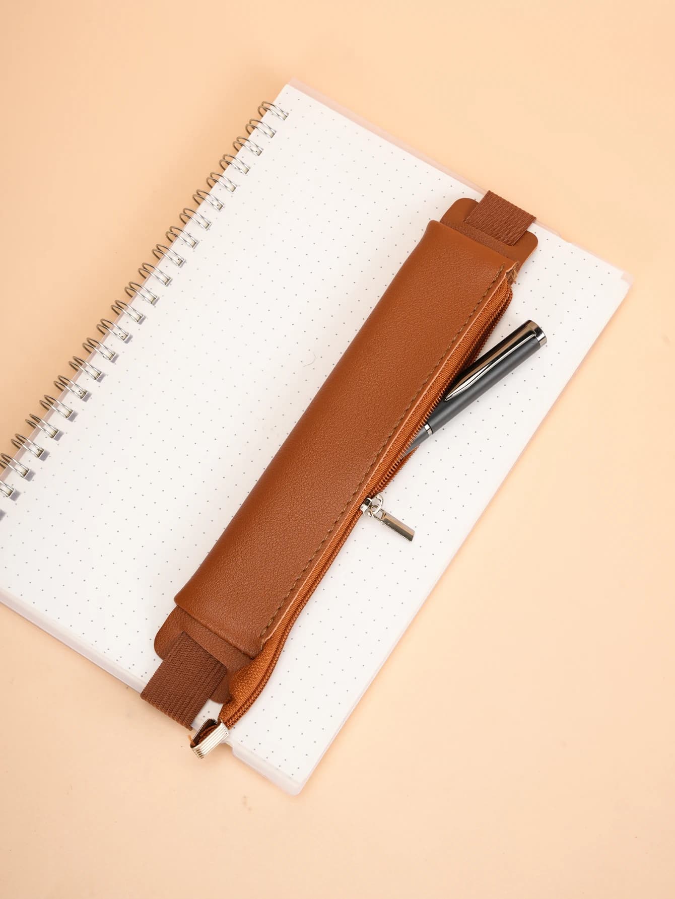 1pc Solid Color Notebook Pen Cover Pen Holder Pu Single Storage Elastic With Pen Bag
