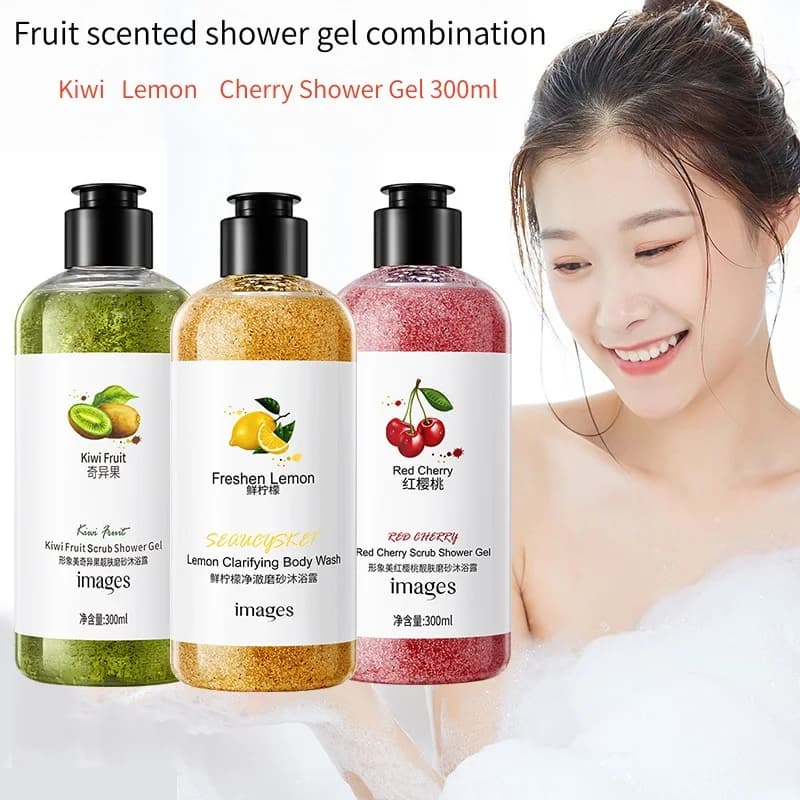 Fresh Fruit Purifying Scrub Shower Gel 300ml, with Kiwi Fruit Extract, Cherry Fruit Extract, Lemon Fruit Extract, Etc., for a Delicate, Cleansing, and Lightly Scented Experience. the Scrub Texture Is Refreshing and Moisturizing, Replenishes Skin Moisture, Makes Skin Smooth and Delicate, Cleanses Deeply, and Leaves Skin Feeling Light and Soft