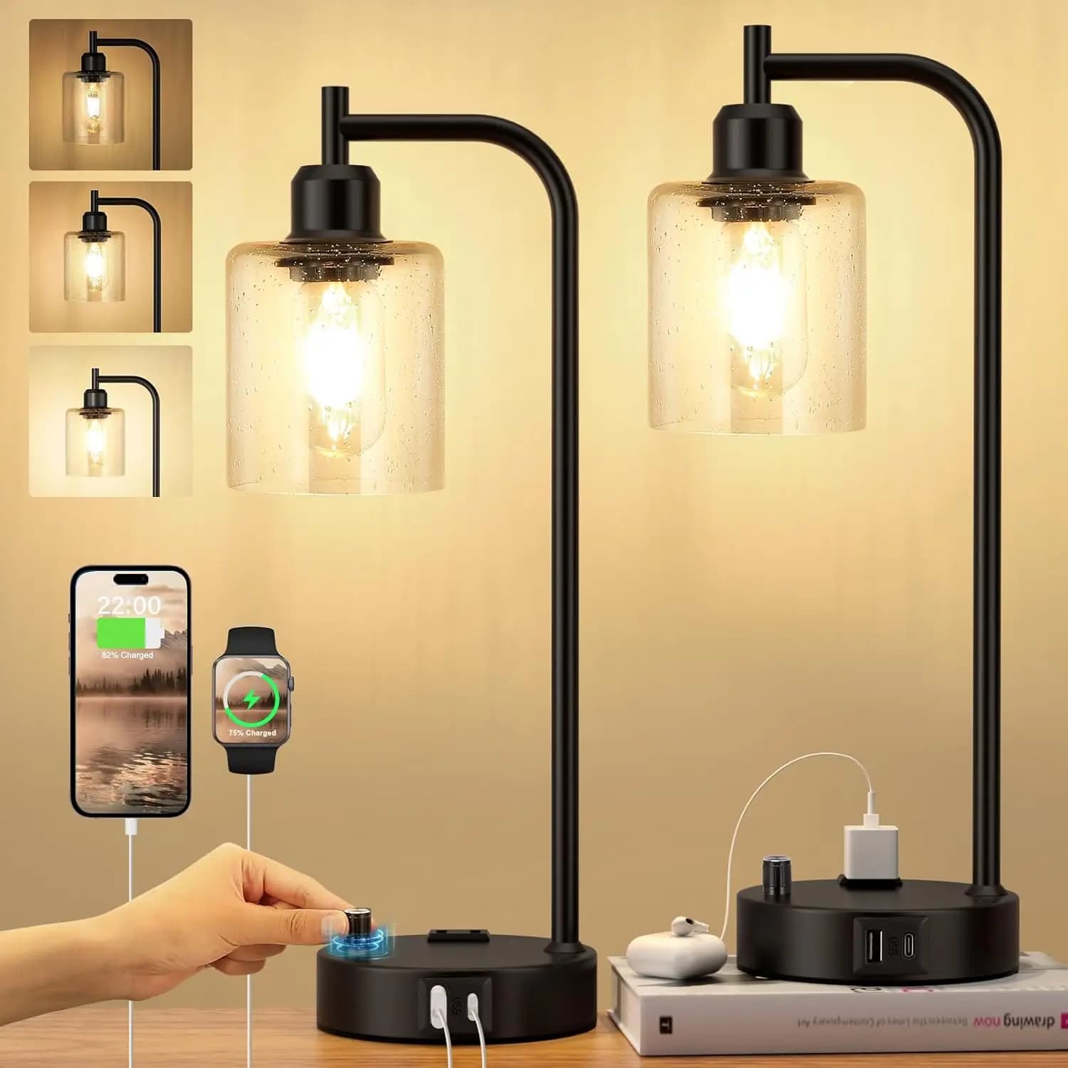 Set di 2 Lampade da Comodino Dimmerabili con USB-C/USB/Presa, Lampade da Tavolo Industriali Nere per Camera da Letto, Ufficio, Soggiorno