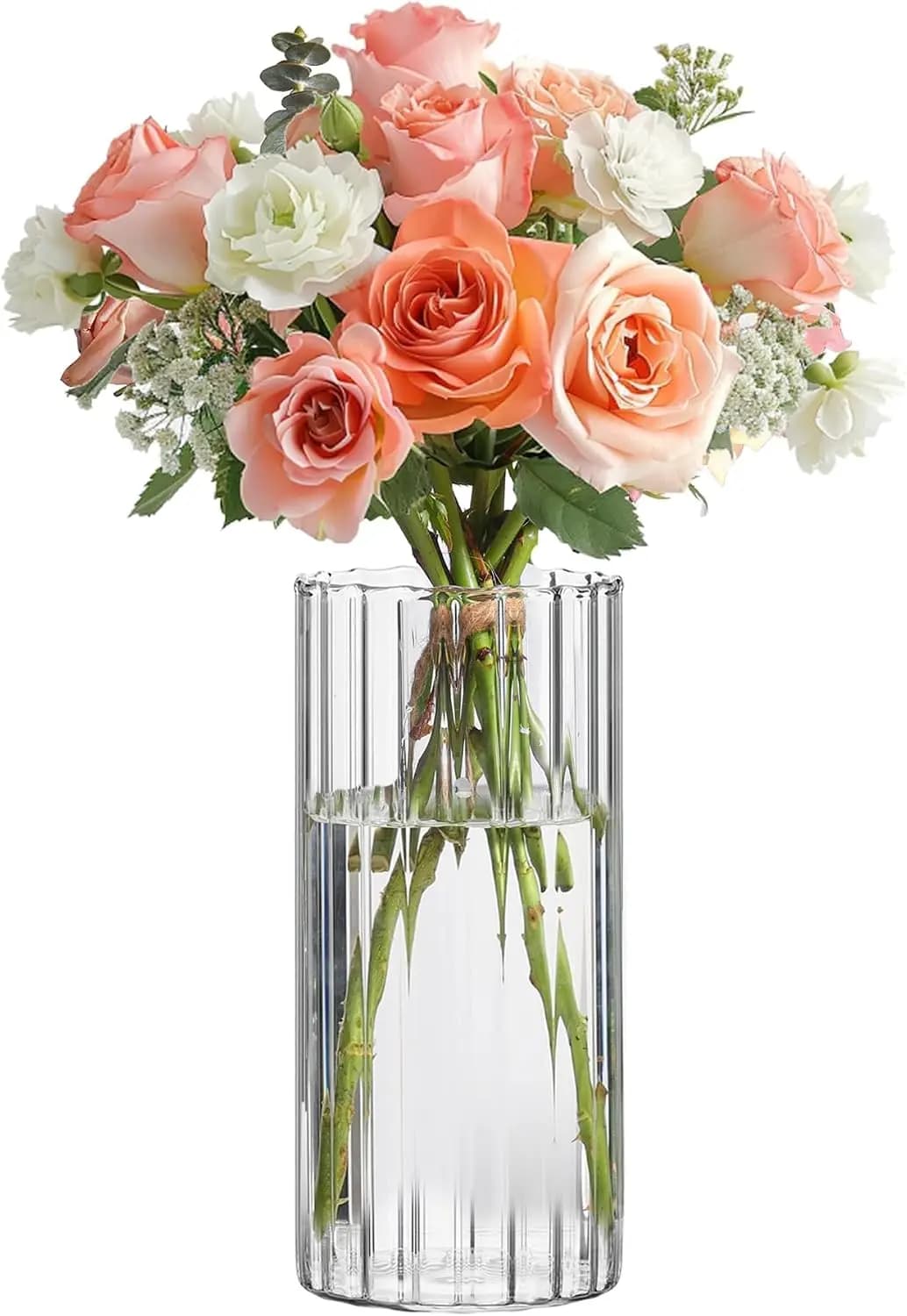 Glass Cylinder Vases, Bud Vase for Centerpieces, 8 Inch Tall Ribbed Vase Hurricane Floating Candle Holder, Decorative Flower Vas