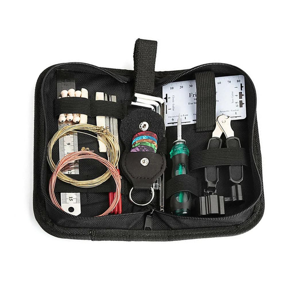 Strumenti per la riparazione di chitarra Kit di strumenti per la manutenzione Organizzatore di corde Righello in acciaio inossidabile Plettri per chitarre Borsa per strumenti di riparazione per chitarra