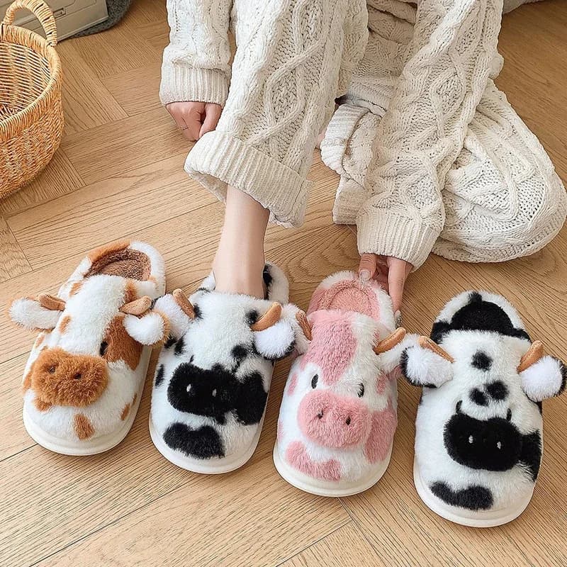 Pantofole soffici di mucca simpatico cartone animato per le donne 2025 scarpe da casa antiscivolo in peluche caldo invernale donna pantofole con plateau sfocato con suola spessa