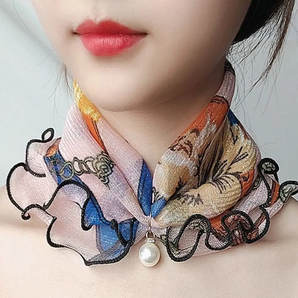 Neck handkerchief Striped Solar Protection Waist Edge with Volant Printing Wrap Flower Summer Snow White Women's Scarf Printed Korean style Scarves