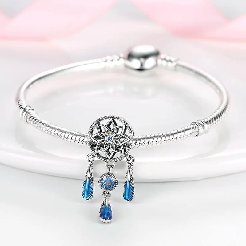 Charms 925 Silver Plated Dreamy Blue Feather Dreamcatcher Beads Fit Charms Original Bracelet Beads Women Jewellery Making Diy