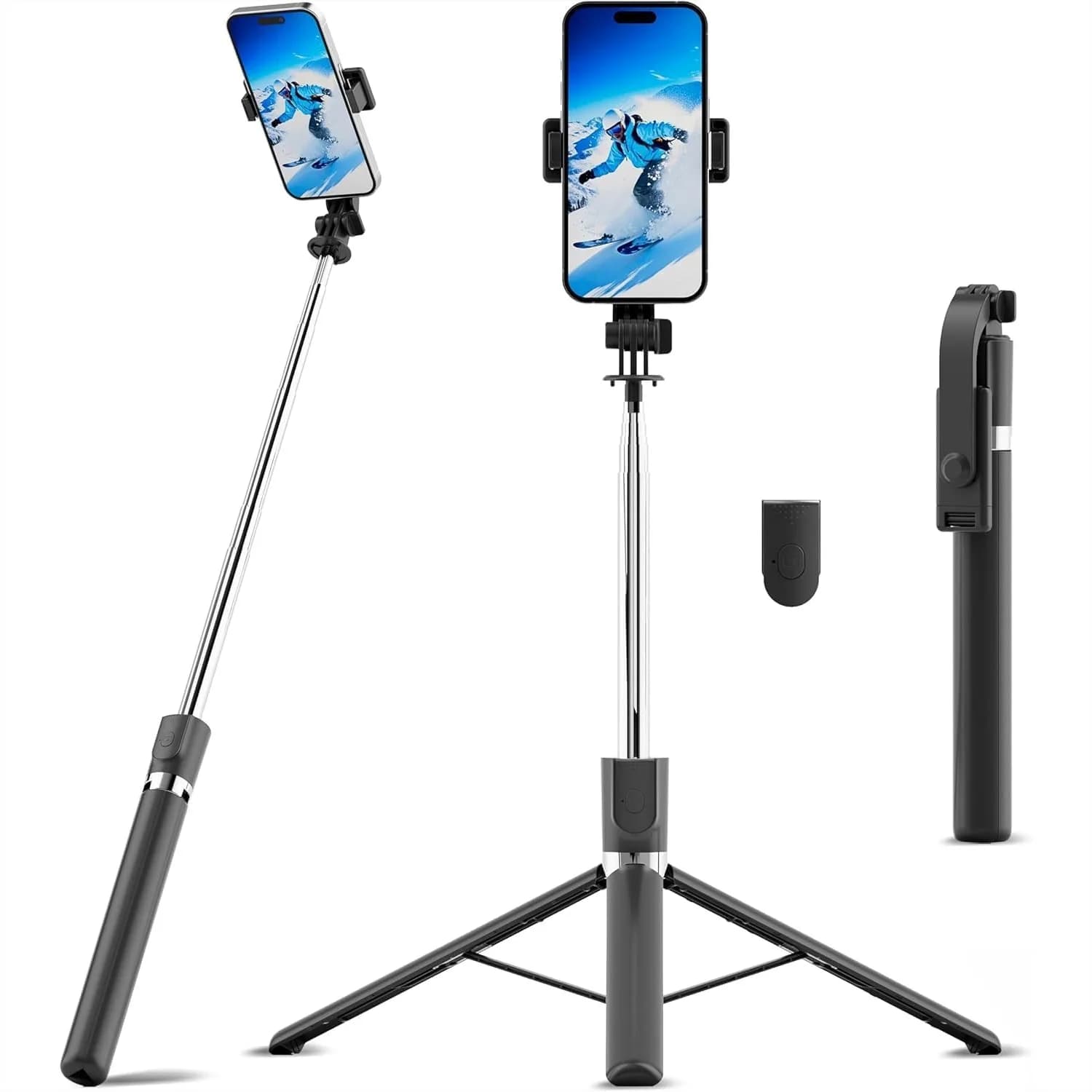 Treppiede per selfie da 67 pollici, treppiede portatile per cellulare con telecomando wireless, 360° ° Supporto da Viaggio Girevole ed Estensibile per Selfie