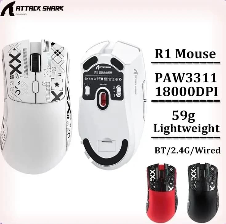 Attack Shark R1 Wireless Gaming Mouse Tri-mode 2.4G USB Bluetooth Connection 18000DPI 1000Hz Macro Mice For PC