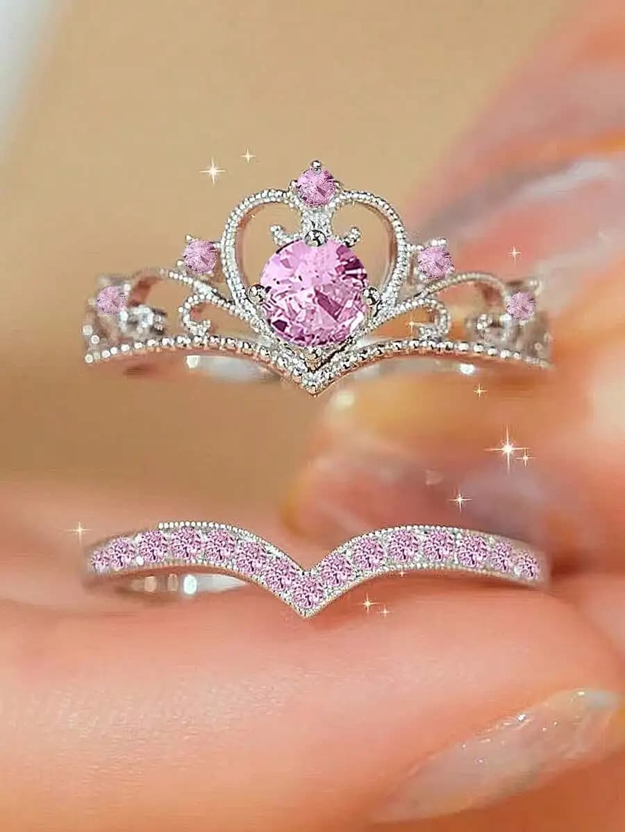 Set di 2 anelli con corona e zirconi cubici a forma di V per donna, regalo di San Valentino