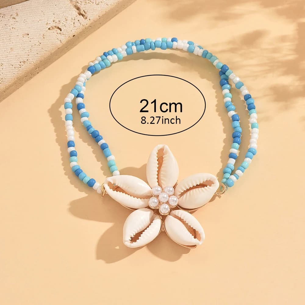 Cowrie Shell Flower Anklet Dainty Boho Double Layer Blue White Seed Beads Imitation Pearl Beach Vacation Jewelry