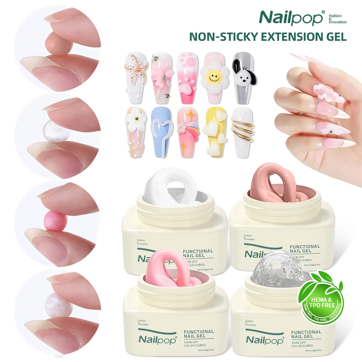 Nailpop HEMA/TPO Gel di estensione non appiccicoso gratuito UV/LED Cure Adesivo per nail art fai da te per strass e modelli Sicuro Durevole 20g