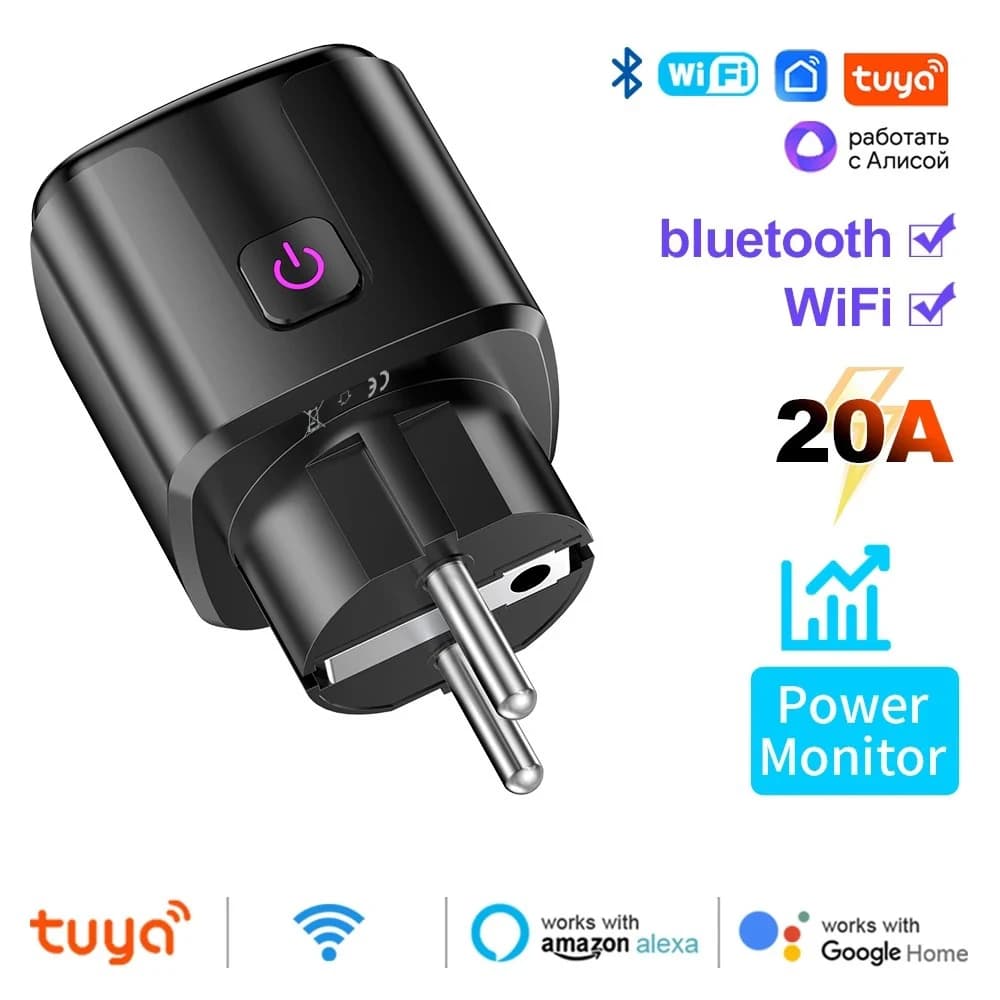 Smart WiFi Tuya EU 16/20A with Energy Monitoring Function, Wireless Remote Control via Apps and Vocal Commands, Compatible with Alexa and Google Home