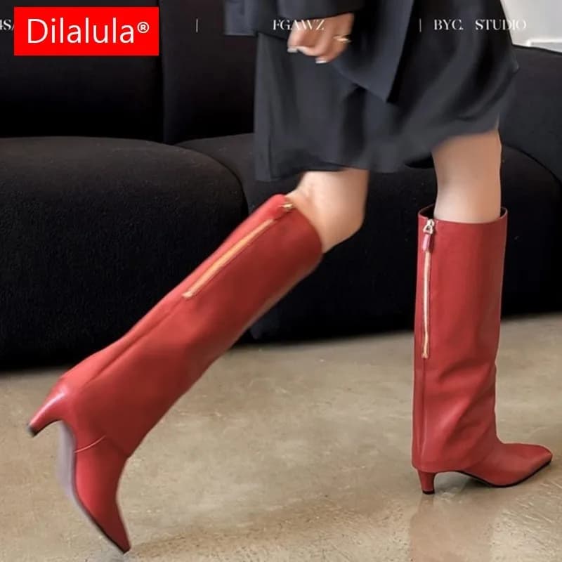 Dilalula 2026 true sheepskin woman high knee boots fashion high heels street boots lady fall winter boots with edge turned
