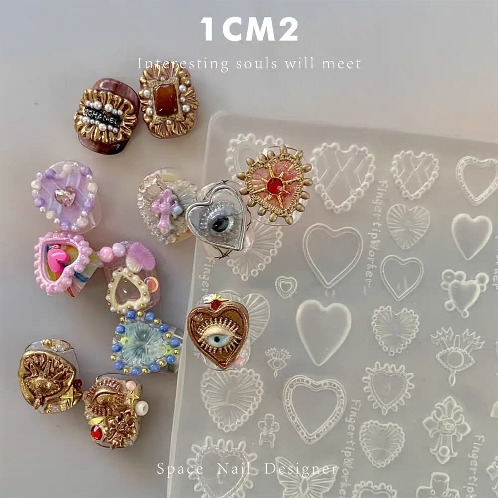 1Pc Collana francese Cornice per foto con pietre preziose Cuore barocco Stampo acrilico 3D Decorazioni per nail art Stampo per unghie in silicone fai da te