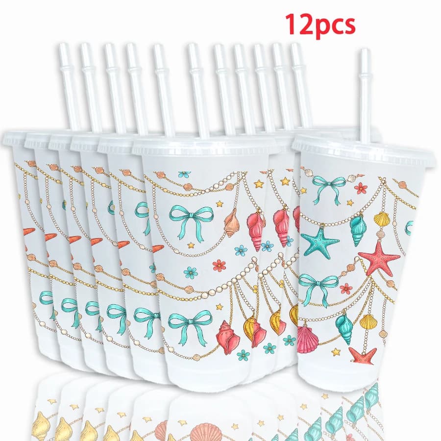 Confezione da 12 Bicchieri in Plastica Colorata da 26oz con Motivo a Conchiglia, Fiocco e Catena di Perle per Feste, Regalo di Ritorno a Scuola e Compleanno