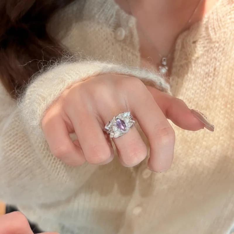 Romantic brushed skirt edge pearl purple crystal rings for women vintage light luxury exquisite ring wedding jewelry