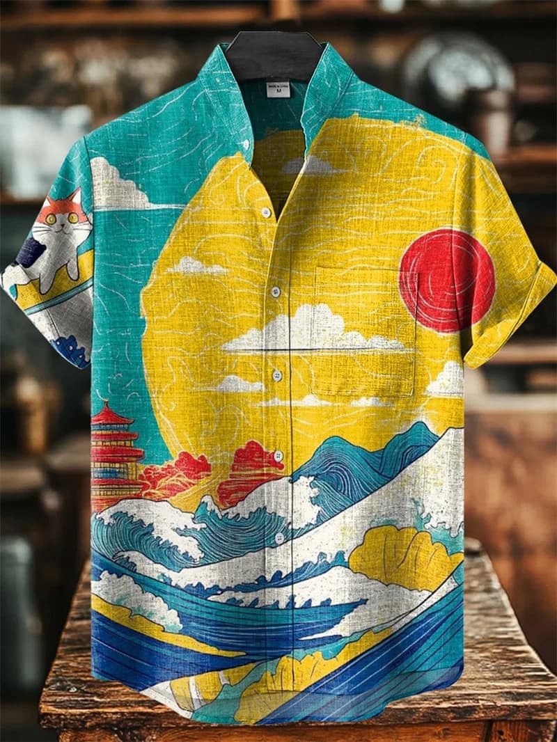 Camicia a maniche corte da uomo in lino con stampa 3D Sea Wave 80% Camicia alla moda Casual Harajuku Abbigliamento da strada Camicia da vacanza estiva